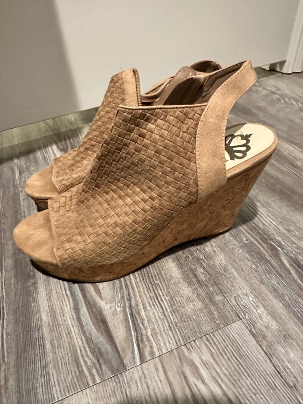 Fergalicious Woven Tan Cork Wedge Slingback Sandals